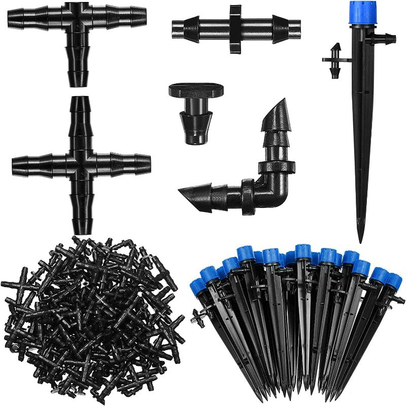 Photo 1 of 225 Irrigation Fittings Kit Drip Irrigation Barbed Connector Include 80 Straight Barb 60 Tees 20 Elbows 20 End Plug 20 4-Way Coupling and 25 Adjustable Water Flow Dripper for Tube (Black with Blue)
