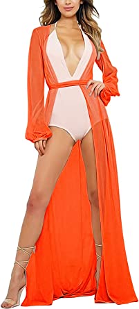 Photo 1 of Meenew Women's Sheer Mesh Long Sleeve Maxi Swimsuit Cover Up Dress with Tie Front L 
