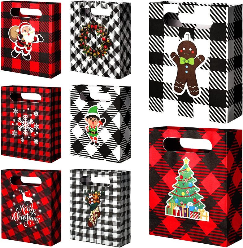 Photo 1 of 24 Pieces Christmas Buffalo Plaid Paper Gift Bags Christmas Candy Treat Goody Cookie Bags Party Favor Bags for Gifts Xmas Party Favor Supplies (Mixed Pattern)
