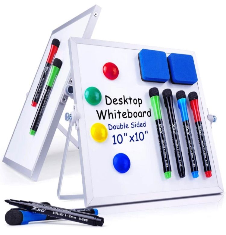 Photo 1 of 2 Pack Dry Erase White Board - 10''x10'' Magnetic Desktop Whiteboard with Stand, 8 Markers, 4 Magnets, 2 Erasers - Portable Double-Sided White Board Easel for Kids/Drawing/Memo/to Do List/Wall/School