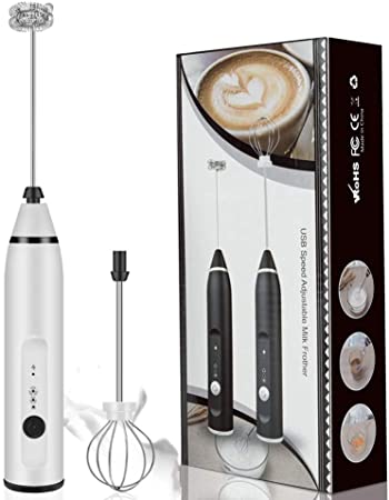 Photo 1 of 3 Speed Adjustable White Milk Frother USB Rechargeable Electric Handheld Foam Maker with 2 Stainless Steel Whisk for Bulletproof Coffee Protein Drinks Matcha Coffee Whisk
