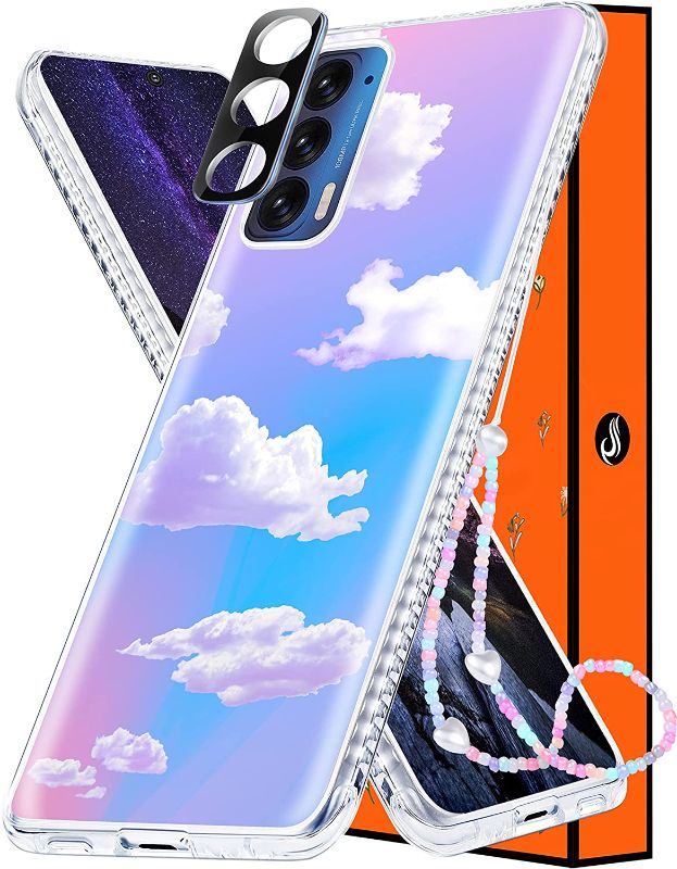 Photo 1 of LISEVO (3in1) Holographic Cloud Case for Moto Edge 2021 5G 6.8 inch Cute Clear Clouds Iridescent Laser Glitter Bling Women Girls Aesthetic Design Phone Cases+Camera Cover+Chain for Moto Edge 2021
