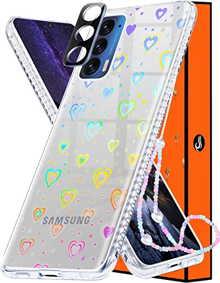 Photo 1 of LISEVO (3in1) Holographic Heart Case for Moto Edge 2021 5G 6.8 inch Cute Clear Hearts Women Girls Iridescent Laser Glitter Bling Aesthetic Design Phone Cases+Camera Cover+Chain for Moto Edge 2021
