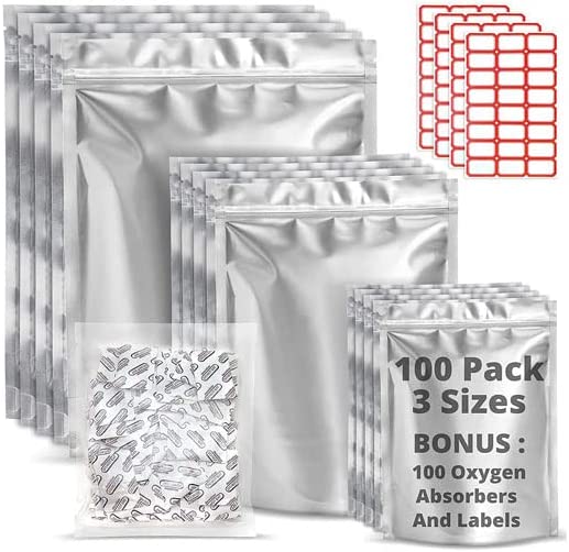 Photo 1 of 100 Mylar Bags for Food Storage With Oxygen Absorbers 300cc - 25 Pack 1 Gallon 4 Mil 10"x14",35 Pack 6"x9", 40 Pack 4"x6" Resealable Ziplock for Packing
