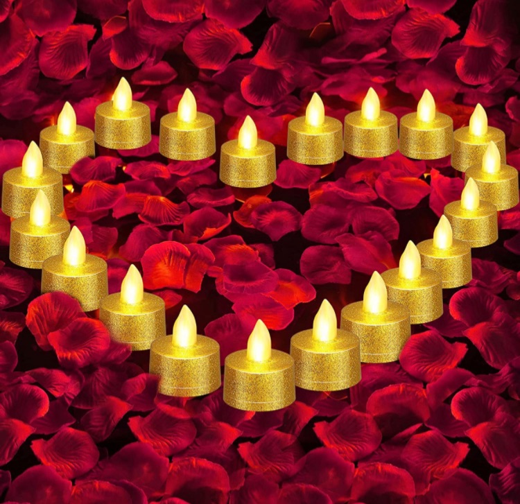 Photo 1 of 1000 Pieces Artificial Rose Petals with 20 Pieces Glitter Flameless LED Tea Lights Romantic Candles for Romantic Night Valentine's Day Anniversary Wedding (Red) (Classic Color)