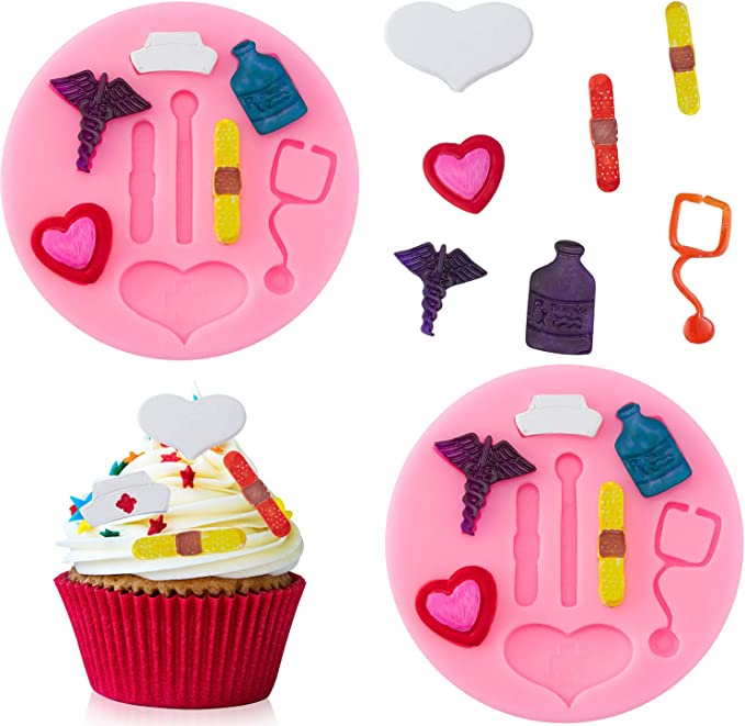 Photo 1 of 2 Pieces Nurse Themed Fondant Molds Nurse Themed Hat Bottle Heart Molds Silicone Baking Molds Chocolate Candy Resin Molds Desserts Cupcake Cake Topper Decorations 3 PACK 
