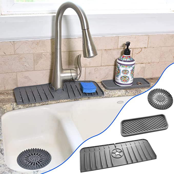 Photo 1 of 3 Product Kitchen Sink Accessories Bundle, Silicone Faucet Handle Drip Catcher Tray, Faucet Mat For Kitchen Sink, Silicone Tray, Shower Drain Hair Catcher, Perfect Kitchen Gadget and RV Kitchen
