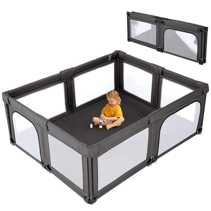 Photo 1 of Baby Playpen Foldable Play Pens for Babies with Bottom, 79x59in Baby Gate Playpen Large Play Yard Center, Baby Fence Play Area, Kids Play Pen(Black)
