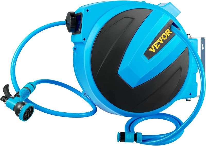 Photo 1 of VEVOR Retractable Hose Reel, 1/2 inch x 75 ft, Any Length Lock & Automatic Rewind Water Hose, Wall Mounted Garden Hose Reel w/ 180° Swivel Bracket and 7 Pattern Hose Nozzle, Blue
