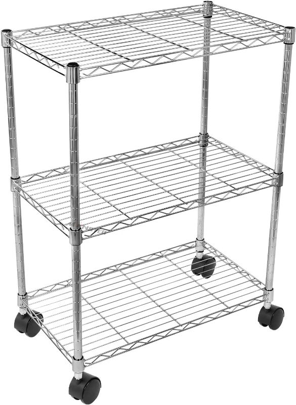 Photo 1 of (Dented) Simple Deluxe Heavy Duty 3-Shelf Shelving with Wheels, Adjustable Storage Units, Steel Organizer Wire Rack, 24.02" W x 13.78" D x 29.92" H, Chrome, HKSHLF23133003CPC
