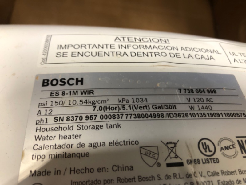 Photo 4 of (Used - Damaged - Parts Only) Bosch Tronic mini-tank es8 7-Gallon Lowboy 1440-Watt 1 Element Point of Use Electric Water Heater