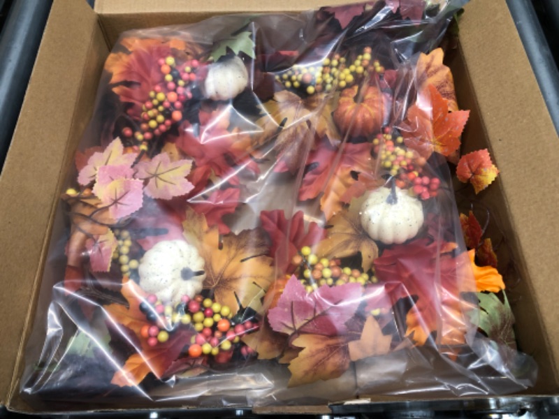 Photo 2 of 18 inch Thanksgiving Wreath-Artificial Maple Leaves with Cute Pumpkins-Romantic and Beautiful Gift