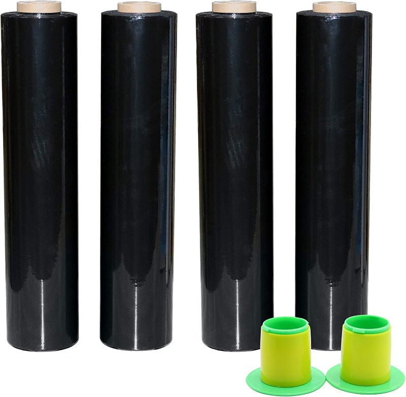 Photo 1 of 4 Pack Industrial Black Stretch Wrap Film with Plastic Handle 18" 1200ft 72Gauge for Pallet Wrap, Durable Self-Adhering Packing, Moving, Packaging, Heavy Duty Shrink Film, BOMEI PACK
