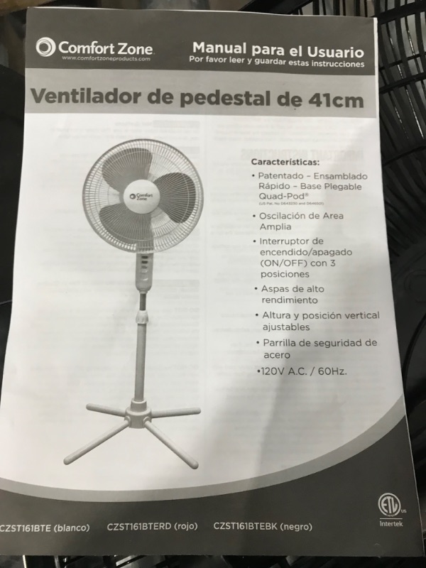 Photo 6 of Used Comfort Zone CZST161BTEBK Oscillating Pedestal Fan Black 16"
