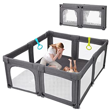 Photo 1 of Baby Playpen, Extra Large Play Center Yards Play Pens for Babies, Foldable Gate Playpen with Bottom Baby Fence Play Yard Safety Kids Playpen, Cationic Grey
