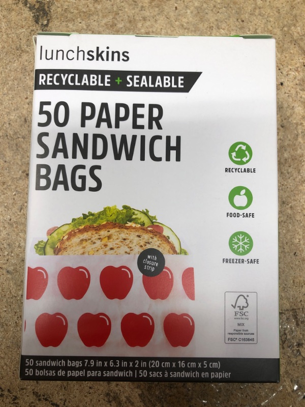 Photo 3 of (2) Lunchskins Recyclable + Sealable Paper Sandwich Bags, w/Closure Strip, 50-Count, Apple X 2 100 COUNT