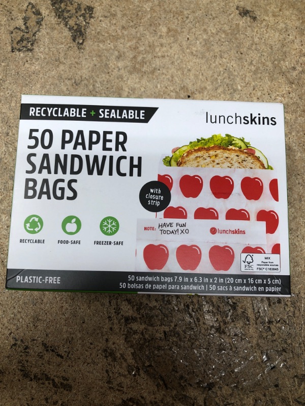 Photo 2 of (2) Lunchskins Recyclable + Sealable Paper Sandwich Bags, w/Closure Strip, 50-Count, Apple X 2 100 COUNT
