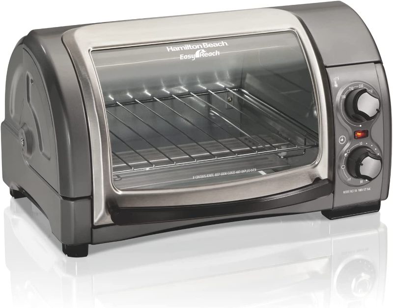 Photo 1 of (BROKEN HANDLE) Hamilton Beach Easy Reach 4-Slice Countertop Toaster Oven With Roll-Top Door, 1200 Watts, Fits 9” Pizza, 3 Cooking Functions for Bake, Broil and Toast, Silver (31344DA)

