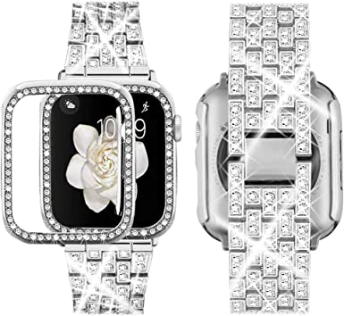 Photo 1 of 2- Choiche Compatible with Apple Watch Band 38mm 40mm 41mm 42mm 44mm 45mm+ Case, Women Jewelry Bling Diamond Rhinestone Replacement Metal Strap& 2 Pack PC Protector Case for iWatch Series 8/7/6/5/4/3/2/1/SE