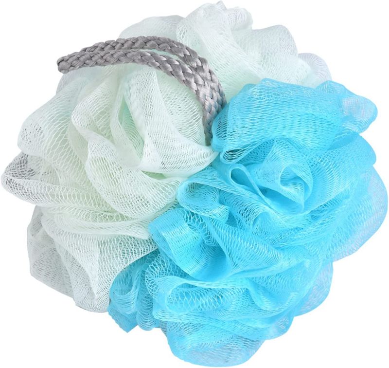 Photo 1 of 2- SHOW YONG Bath Shower Sponge Exfoliating Mesh Brush Shower Sponge Bathroom, 1 Pack Shower Puff Large Body Exfoliating Shower Sponge (SH-Blue), Pink/White ; Blue/White; Grey/White;, 50g