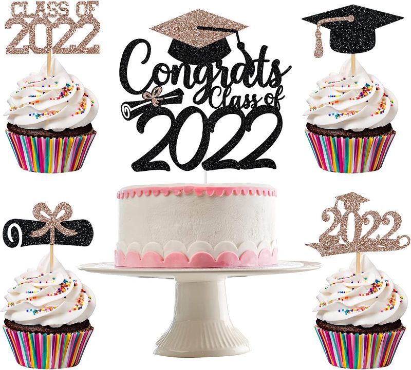 Photo 1 of 2- Congrats Class of 2022 Cake Topper and 24Pcs Graduation Cupcake Toppers 2022- Rose Gold Graduation Decorations 2022, 2022 Grad Decorations Rose Gold