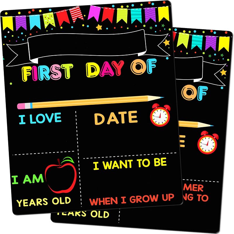 Photo 1 of (X2) First & Last Day of School Board, 10 x 12 Inch Double Sided Back to School Sign for Kids/Girls/Boys, Reusable Wooden 1st Day of Preschool/ Kindergarten Chalkboard
