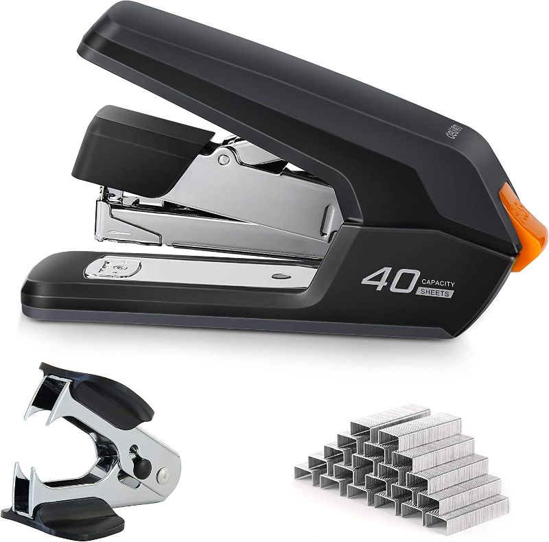 Photo 1 of Deli Effortless Desktop Stapler, 40-50 Sheet Capacity, One Finger Touch Stapling, Easy to Load Ergonomic Heavy Duty Stapler, Includes 1500 Staples and Staple Remover
