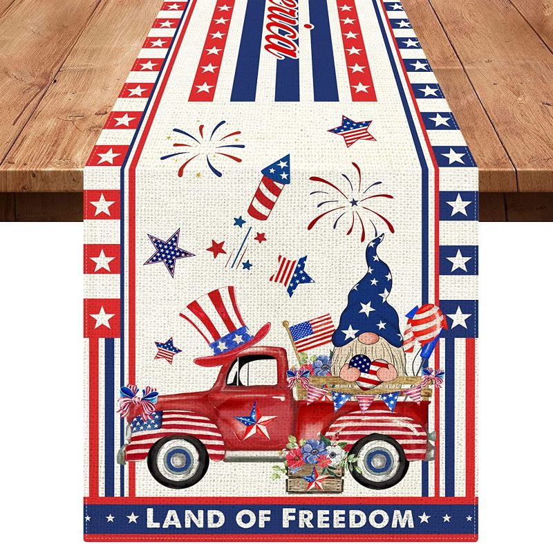 Photo 1 of (X2) Hexagram Patriotic Table Runners 13x72 Inches, Farmhouse 4th of July Table Runner for Kitchen , American Flag Independence Day Kitchen Table Decor
