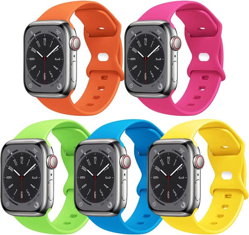 Photo 1 of (X2) [5 PACK] STG Sport Watch Band Compatible with Apple Watch Band 38mm 40mm 41mm 42mm 44mm 45mm 49mm Soft Silicone Replacement Sport Strap Compatible for iWatch Ultra SE Series 8/7/6/5/4/3/2/1 (38mm/40mm/41mm S/M, 5 PACK 
