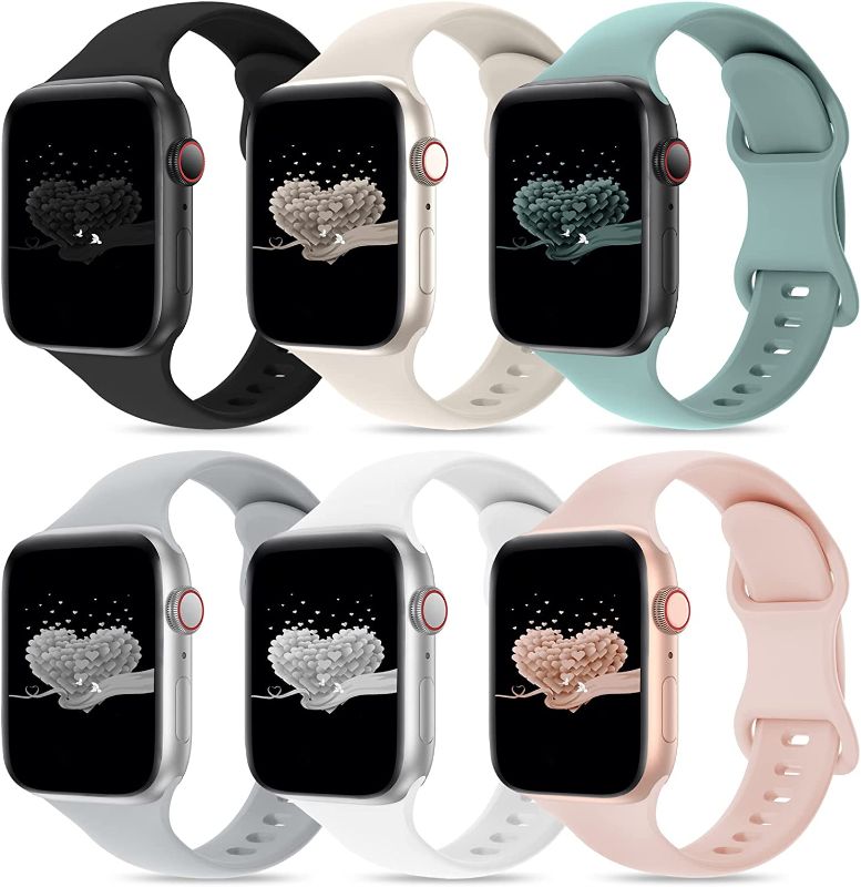 Photo 1 of (X2) 6 Pack Bands Compatible with Apple Watch 38mm 40mm 41mm 42mm 44mm 45mm, Soft Silicone Replacement Sport Strap for iWatch Series 7/6/5/4/3/2/1 SE, Black/Starlight/Cactus/Gray/White/Pink Sand
