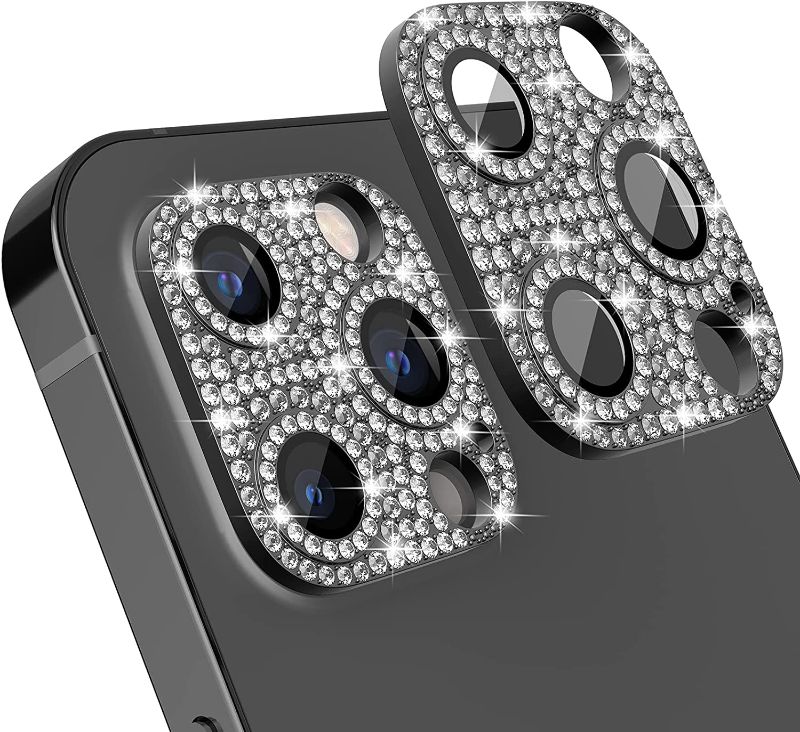 Photo 1 of (X6) 2 Pack Beuxece 3D Bling Metal Camera Lens Cover+ Lens Screen Protector Compatible with iPhone 12 Pro Max 6.7" (2020), Case Friendly, Bubble Free, Anti-Shatter Glitter Diamond Lens Decoration, Black
