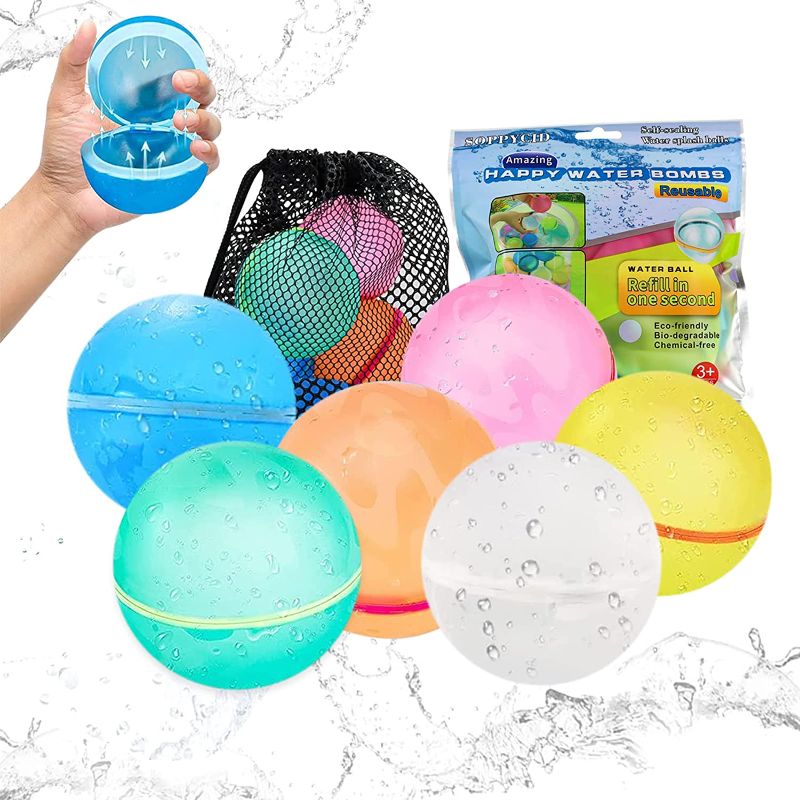 Photo 1 of [2022 Upgrade] Reusable Water Balloons Soft Silicone Quick Self-Sealing Water Bomb, Instant Balls Easy Quick Fill Balloons Splash Fun for Kids Adults Water Fight Game, Water Park, Summer Party (6PCS with Mesh Storage Bag)
