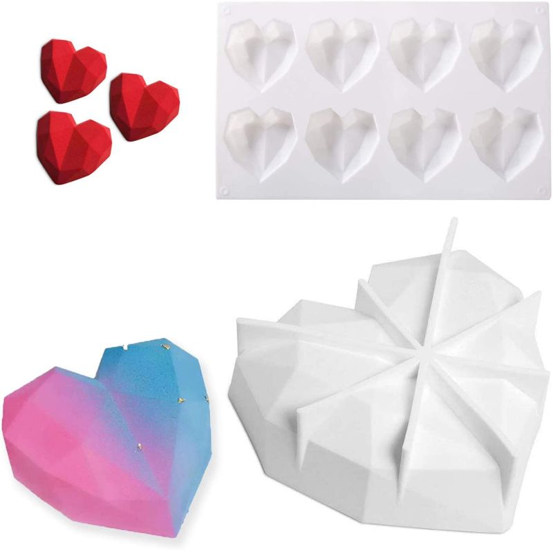 Photo 1 of 3D Heart Silicone Mold, Diamond Heart Mold, Silicone Baking Pan-Food Grade & BPA Free-Not Sticky Mould, Suitable for mousse, chocolate brownie, jelly, ice cream, cheesecake. (9 Pcs, 7 inch/2.5 inch)
