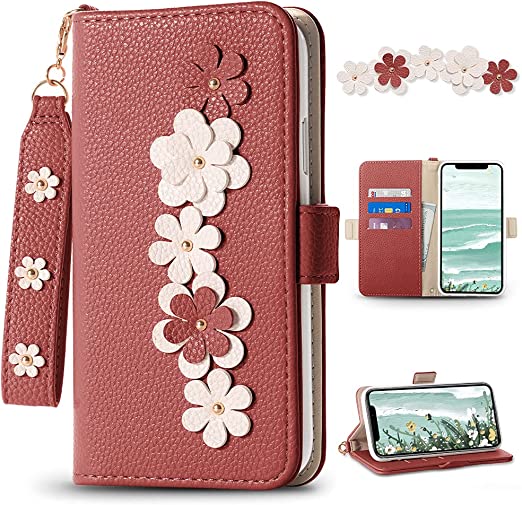 Photo 1 of 3CCart iPhone 11 Wallet Case with Kickstand, [Wrist Strap] iPhone 11 Flip Case for Women & Girls Floral Design, with Card Holder PU Leather Phone Cover [Shockproof TPU] for iPhone 11 6.1" Dark Pink
