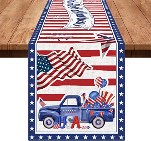 Photo 1 of 4th of July Table Runner 72 Inch Long, Patriotic American Flag Burlap Memorial Day Table Runner, Stripes Stars God Bless America Independence Day Table Cloth Decorations for Home Dining Room Party
