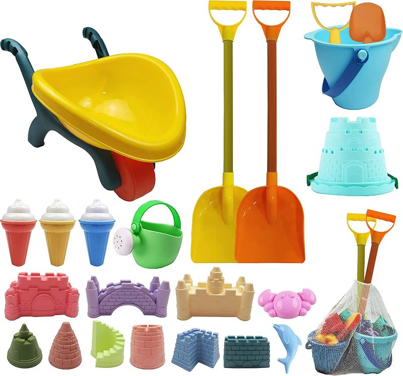 Photo 1 of IOKUKI Long Shovels Sand Toys Set with Mesh Bag Including Wheelbarrow, Castle Building Kit Beach Buckets, Shovels, Rakes, Molds, Outdoor Beach Toys Tool Kit for Kids, Toddlers, Boys and Girls (23 PCS)
