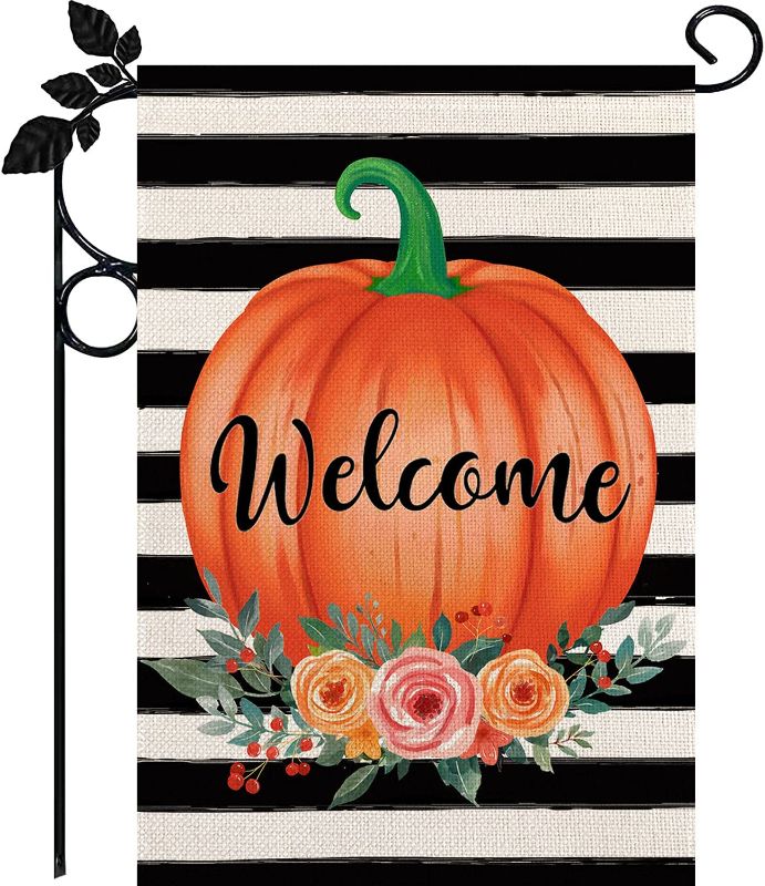 Photo 1 of (X2) Welcome Pumpkin Fall Garden Flag Burlap Autumn Vertical Double Sided Fall Thanksgiving Garden Flag Yard Outdoor Decoration 12.5 X 18 Inch
