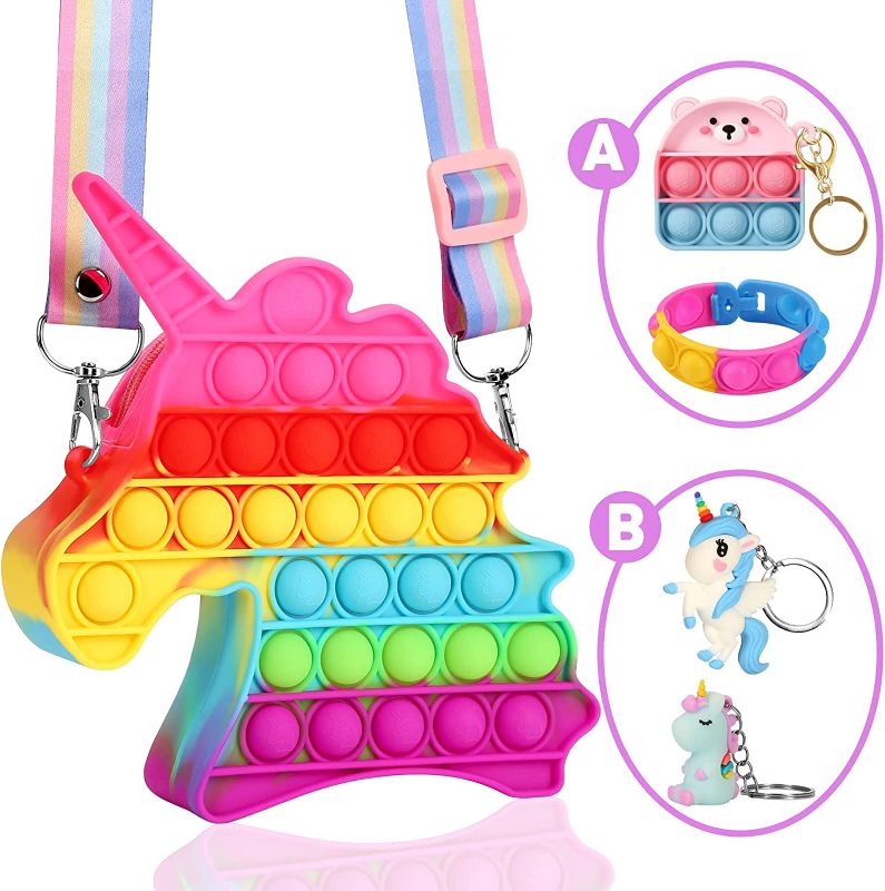 Photo 1 of (X2) Pop Purse with Random Two Small Gifts Fidget Sensory Poppers Push Pop Bubble Rewards Toy Pack Stress Anxiety Relief Toys Handbags for Autistic Children Kids Toddlers Girls Boys
