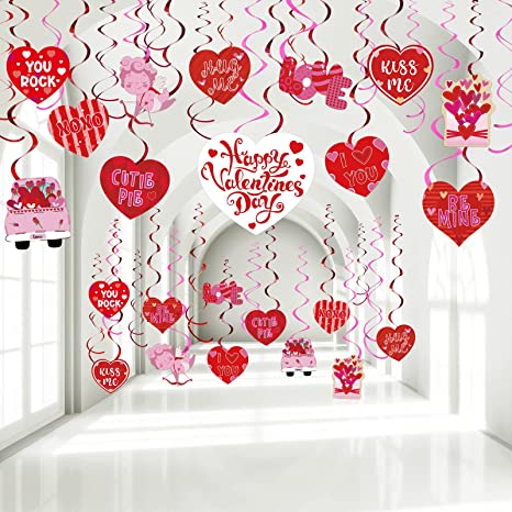 Photo 1 of (X2) 60 Pcs Valentine's Day Party Decorations, Valentine Hanging Heart Swirls Ceiling Foil Decorations Red Pink Conversation Hearts Decor for Happy Valentines Day Wedding Anniversary Theme Party Supplies
