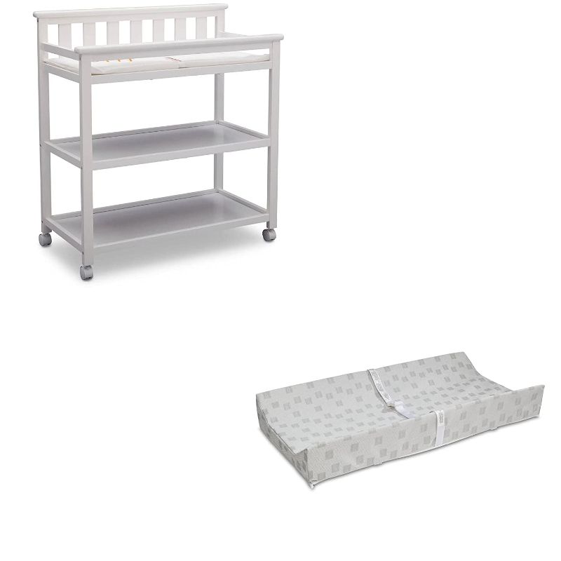 Photo 1 of Delta Children Flat Top Changing Table with Casters, Bianca (White) and Waterproof Baby and Infant Diaper Changing Pad, Beautyrest Platinum, White
