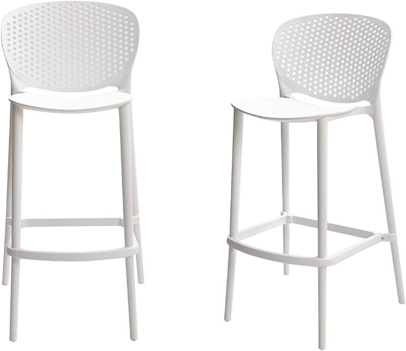 Photo 1 of Amazon Basics High Back Indoor/Outdoor Molded Plastic Barstool with Footrest, Set of 2 - White