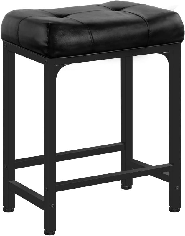 Photo 1 of Aheaplus Bar Stool, 24 Inch Counter-Height Stools Saddle Stool, PU Leather Barstools with Metal Base, Thick Cushion, Footrest, Backless Stools for Dining Room Kitchen Island, Counter, Pub, Bar, Black
