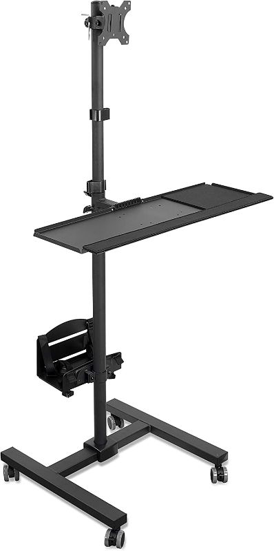 Photo 1 of Mount-It! Rolling Computer Cart, Mobile Workstation with Tray Monitor Mount and CPU Holder, Height Adjustable and Mobile Stand for Office and Industrial Use
