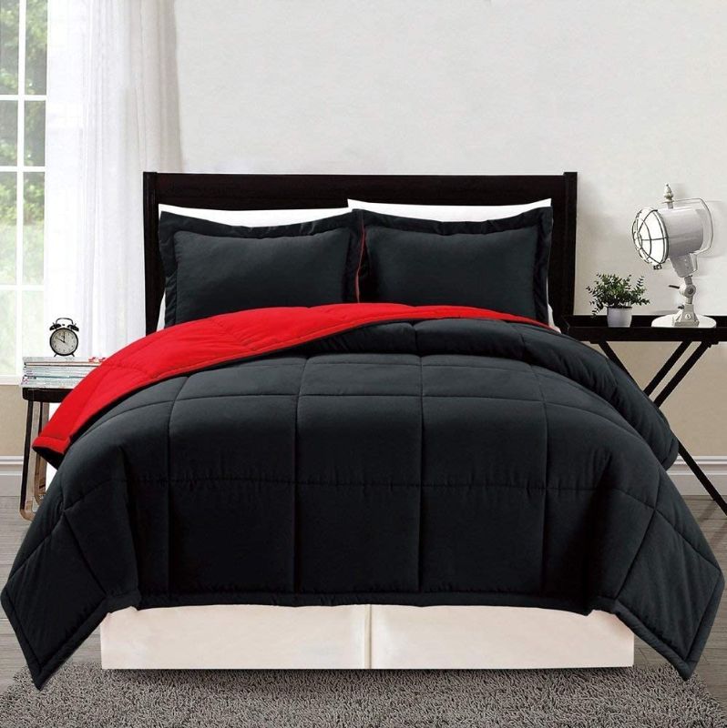 Photo 1 of 3 Piece Luxury Bright Red / Black Reversible Soft Down Alternative Comforter Set, King / Cal King with Corner Tab Duvet Insert