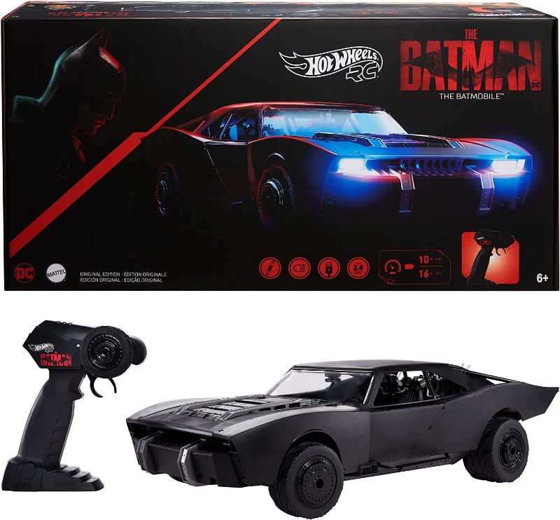 Photo 1 of **Missing Charger**Hot Wheels RC The Batman Batmobile, Remote-Controlled 1:10 Scale Toy Vehicle from The Movie, USB Rechargeable Controller, Gift for Fans of Cars & Comics & Kids 5 Years Old & Up [Amazon Exclusive]
