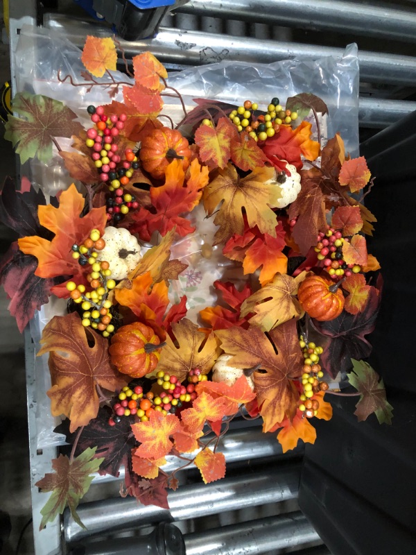 Photo 2 of 18-inch Artificial Maple Leaf Autumn Wreath with Colorful Maple Leaf Pumpkin Pine Cones and Berries, Harvest Wreath, Suitable for Front Door Table Wall and Thanksgiving Decoration
