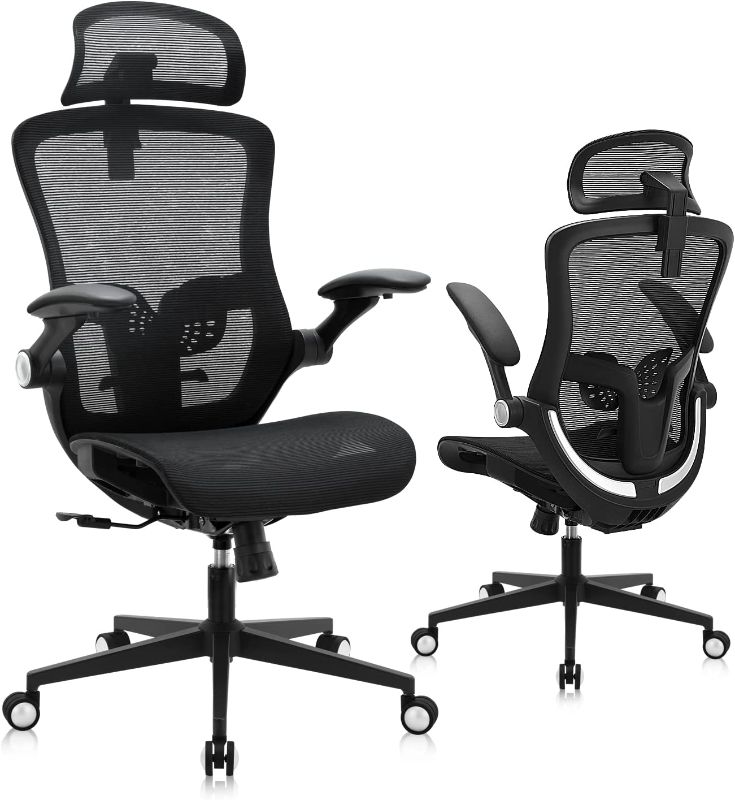 Photo 1 of Office Chair, Ergonomic Mesh Chair w/ 90°-135° Adjustable Backrest and 4D Adjustable Armrest, High Back Desk Chair w/ 2D Headrest, Tilt Function, and Dynamic Lumbar Support Computer Chair (Black)
