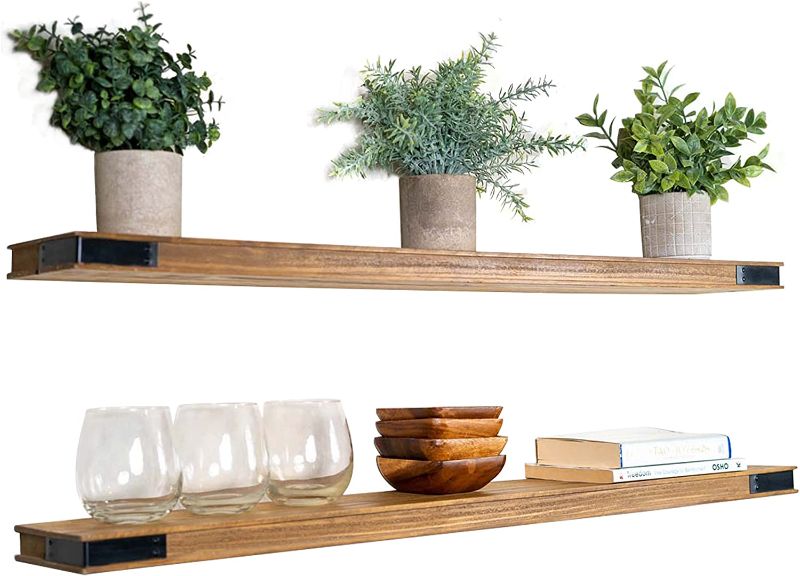 Photo 1 of Willow & Grace Floating Shelves with Black Decor Corners - Wood Floating Shelves, Wood Wall Shelves - Easy-Mount Farmhouse Shelves for Living Room, Bathroom & Kitchen - light Walnut (36" Set of 2)