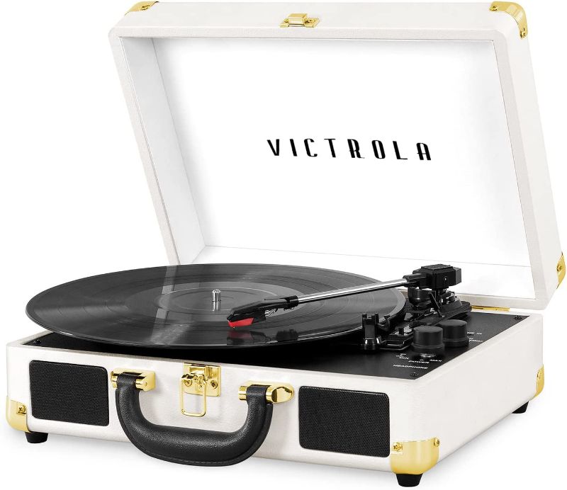Photo 1 of Victrola Vintage 3-Speed Bluetooth Portable Suitcase Record Player with Built-in Speakers | Upgraded Turntable Audio Sound| Includes Extra Stylus | White (VSC-550BT-WH)