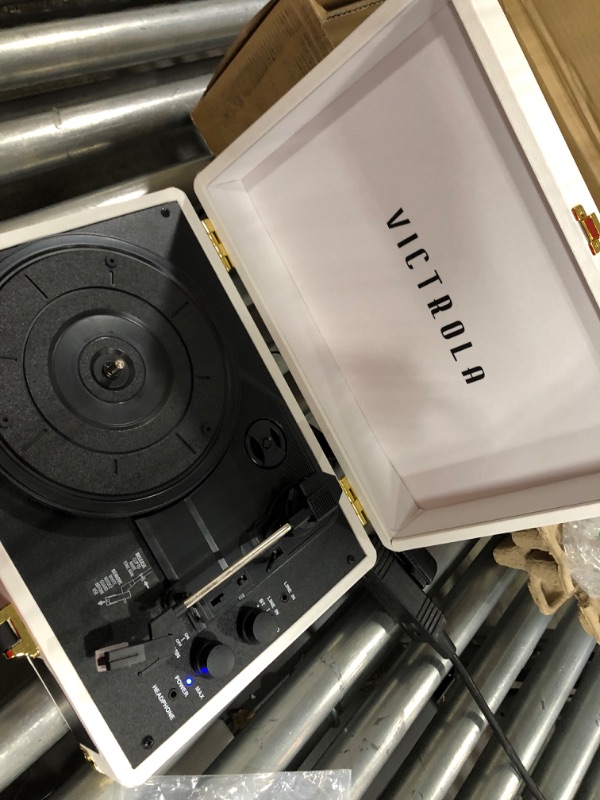 Photo 1 of Victrola Vintage 3-Speed Bluetooth Portable Suitcase Record Player with Built-in Speakers | Upgraded Turntable Audio Sound| Includes Extra Stylus | White (VSC-550BT-WH)